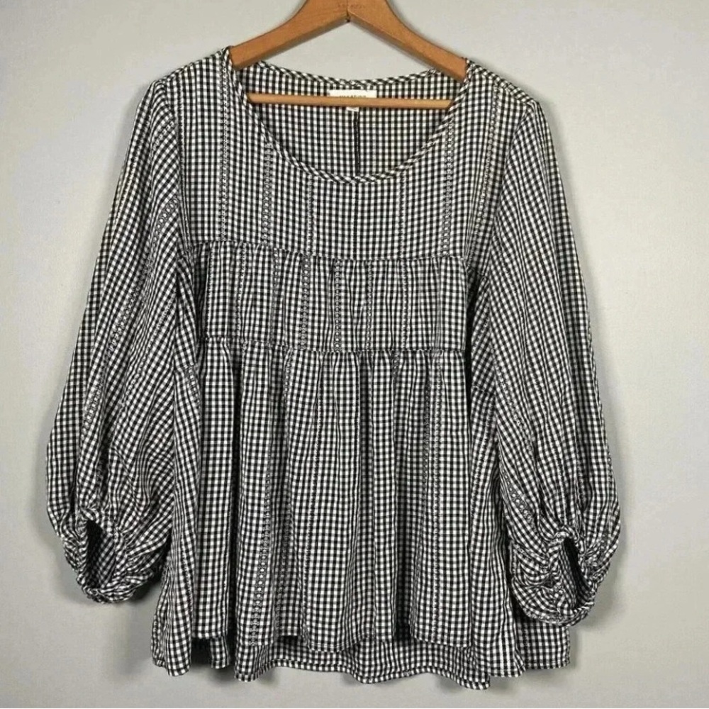 Max Studio Black and White Gingham Peasant Blouse